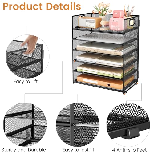 SUBEKYU Black 6-Tier Paper Organizer with Handle - Desk Storage & File Tray
