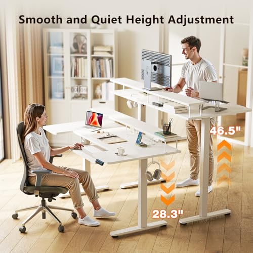 OffiGo 55 Inch U Shaped Electric Standing Desk with Keyboard Tray - White