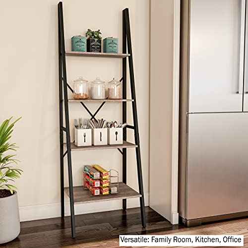 Lavish Home 4-Tier Ladder Bookshelf - Freestanding Bookcase with X-Back Frame and Leaning Look - Display Shelves for Home and Office (Black/Gray)