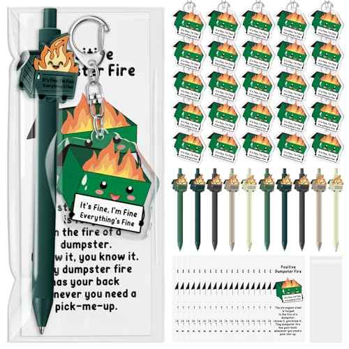100 Sets Dumpster Fire Pen Gifts for Coworker Positive Funny Pens Dumpster Fire Desk Accessories Acrylic Keychains Bookmarks Support Gifts for Team Coworker Teachers Boss Nurse