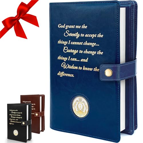 GALILEO¢ç Double AA Big Book Cover & 12 Steps & 12 Traditions | Perfect Gift | Alcoholics Anonymous | PU Leather | AA Book Covers for Hardcover | Serenity Prayer (Snap Button Closing/Navy Blue)