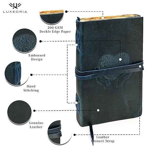 LUXEORIA Heart Journal for Women and Men, Handcrafted Leather Journal for Writing Womens, Sketchbook, Travel Diary with Unlined Deckle Paper, Dark Blue 8x13
