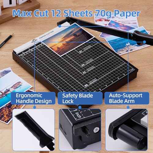 ISDIR 12-Inch Guillotine Paper Cutter, 12 Sheet Capacity, Blade Lock & Magnetic Guide, Heavy-Duty Metal Base for Precision Cutting of Cardstock, Photos, and Crafts - Ideal for Home & Office