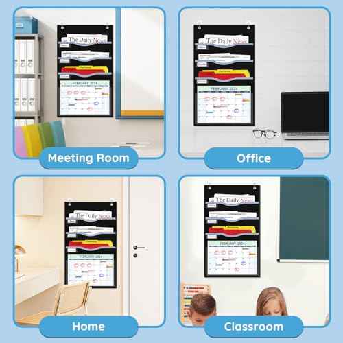 4 Pockets Hanging Wall File Organizer 15" Extra Wide Pocket Chart for Classroom, Office, Home, Mail Organizer Wall Mounted with 1 Writable Clear Pocket, 5 Wall/Door Hooks & 12 Labels (Black)