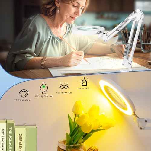 HITTI 10X Magnifying Glass with Light, 1800 Lumens Stepless Dimmable, 3 Color Modes, 4.2¡È Real Glass Lens LED Magnifying Lamp with Clamp, Magnifier Light and Stand for Craft Reading Workbench-White