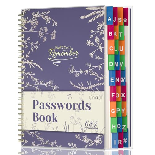 Hi!SCI Password Book with Colorful A-Z Laminated Tabs, Lavender Purple, Spiral Keeper (684 Entries)