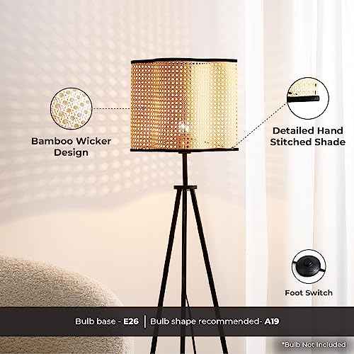 Gal - Mid Century Bohemian Tripod Floor with PVC Rattan Shade and Boho Velvet Rim for Bed Dining, Kitchen, Living Room, Beige