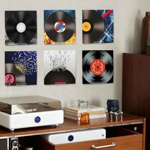 Kalami 12 Pack Vinyl Record Holder Wall Mount No Drill, Self Adhesive Acrylic Record Shelf Display Racks for LP Album Covers CD Book Picture Frames