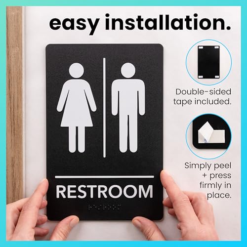 ExcelMark Unisex ADA Compliant Restroom Sign with Braille - 9x6 Inch Bathroom Sign with Double-Sided Tape