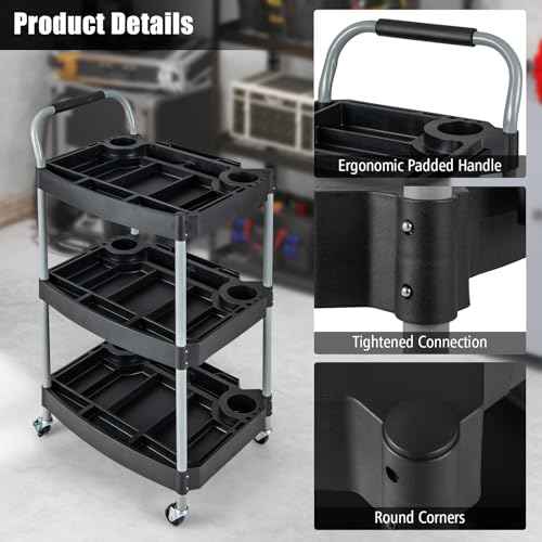 Goplus 3-Tier Rolling Cart, Mobile Tool Cart with Built-in Organizer Divider, Universal Lockable Wheels, Sponged Handle, Utility Cart for Home Garage Workshop (23.5" x 18" x 42")