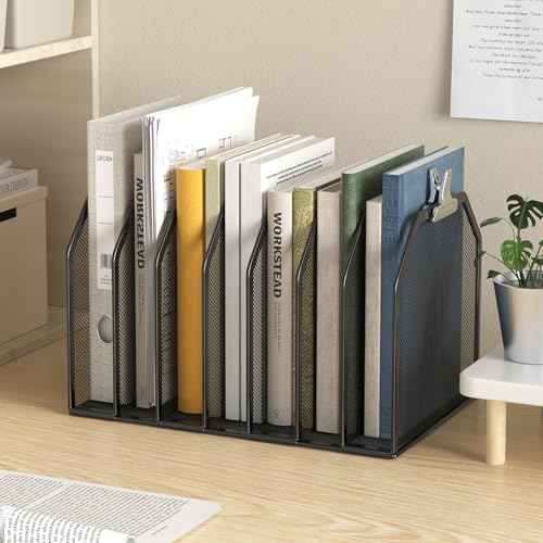 Metal 7-Section File Folder Organizer for Desk | Vertical Office File Holder | Heavy-Duty Mesh Document Sorter for Books, Binders, Laptops | Black Desk Organizer (12.8¡±x8.5¡±x7.9¡±)