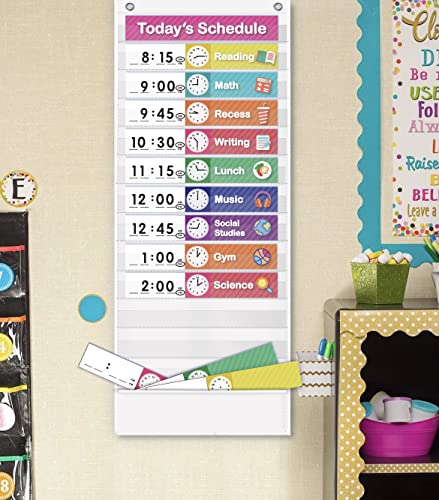Eamay White Daily Schedule Pocket Chart with 13+1 Pockets & 18 Dry Erase Cards