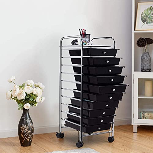 10 Drawer Storage Cart, Tools Scrapbook Paper Arrangement Mobile Drawer Cart Organizer, Space Saving Cart with 4 Wheels and Inter Locker System, Suitable for Cosmetics, File (BK)