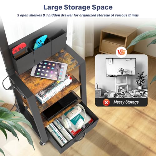 Hellsehen Retro Rolling TV Stand with Power Outlet & 4-Tier Storage, 23-60 Inch TV Cart (160lbs) - VESA 400x400, 360° Wheels