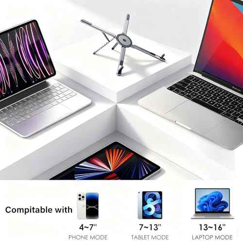 Portable Foldable Laptop Stand for Desk, 360¡ÆAdjustable Magnetic Cell Phone Holder Tripod Compatible with 13?16" Laptops & 4?13" Phones/Tablets, 8-Level Height Adjustment, Aluminum Alloy
