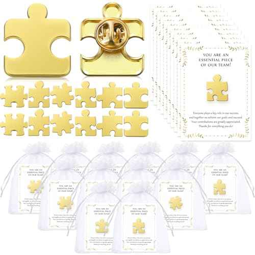 100 Sets Employee Appreciation Gifts Bulk Puzzle Piece Lapel Pins Thank You Cards Organza Bags for Team Appreciation Building Recognition Gifts for Office Soccer Baseball Team (Classic)