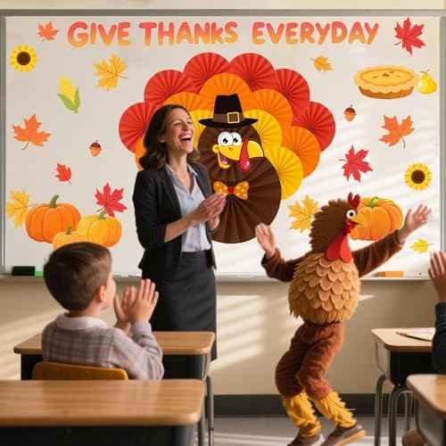 Aovaely 65 PCS Thanksgiving Bulletin Board Decorations, 3D Turkey Paper Fans Give Thanks EveryDay Paper Cutouts Pumpkins Maple Leaves November Thanksgiving Party Decorations for School Home Office