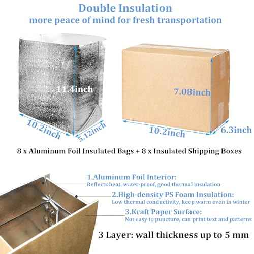 Acrux7 8 PCS Insulated Shipping Boxes with Aluminum Foil Liners and Bags, 10.2"x6.3"x7.1" Thermo Chill Insulated Shipping Box for Cold Shipping Frozen Food, Large Cooler Carton for Mailing Packing