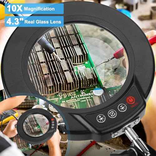 10X Magnifying Glass with Light and Clamp, Real Glass Stand Lighted Magnifier, 5 Color Modes Stepless Dimmable LED Desk Lamp Hands Free for Crafts Hobby Reading Painting Sewing Close Work