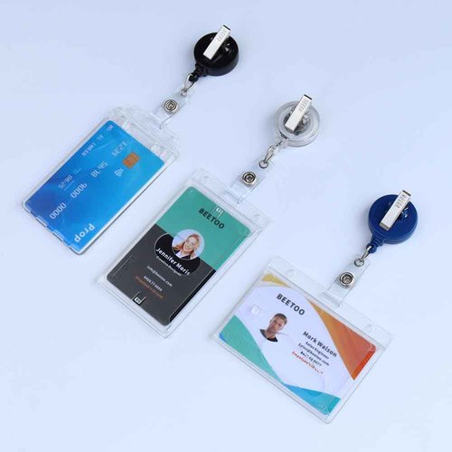Bulk 50 Pack Hard Plastic Badge Holder-Vertical Heavy Duty ID Card Holder for Badges-Rigid Case Single ID Protector with Easy Access Thumb Slot for Clips,Lanyards & Reels-Frosted Clear by BETOOM