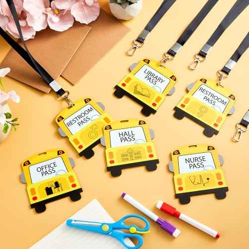 6 Sets School Bus Shape Hall Pass Lanyards and School Passes Set Back to School Bus Wooden Restroom Passes Cards for Hall Nurse Library Office Counselor Teacher Student Supplies Gift