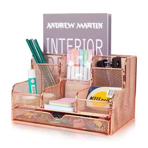 Barelove Rose Gold Desk Organizer with Sliding Drawer, Large Office Desktop Mesh Pen Pencil Holder Caddy Organization with 7 Compartments for Home School Supplies Stationery Book IPAD, Christmas Gifts