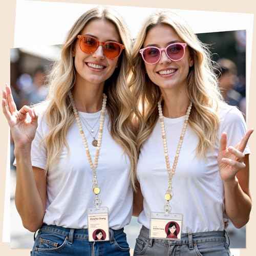 BESARME Teacher Lanyard with ID Holder Cute Wooden Beaded Lanyards for ID Card Badges Holder Retractable Badge Reel Keys Eyeglass Chains for Women