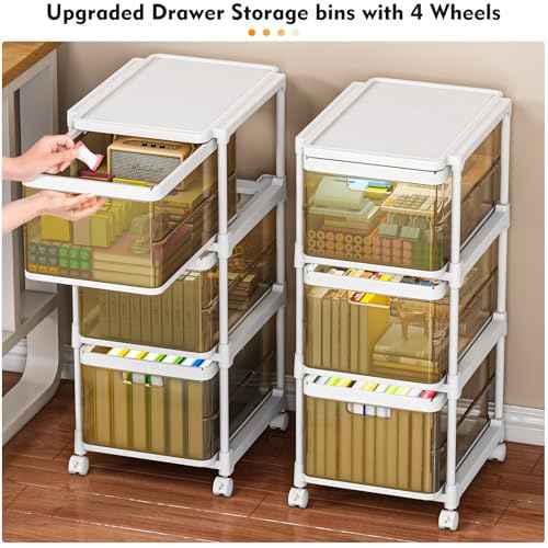3 Drawer Storage Organzier - Plastic Drawer Stroage, Stackable Storage Drawers, Storage Bins with Wheels, Foldable Drawer Organizer, 20 Quart/Bin, Total 60 Qurat