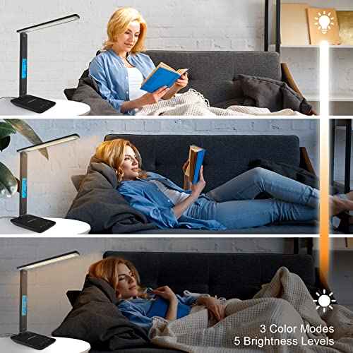 Desk Lamp with Wireless Charger£¬USB Charging Port, Dimmable Office Desk Light with Clock, Alarm, Date, Temperature, Foldable Lamp for Table Bedroom Bedside Office (Black, Standard Size-13.3 inch)