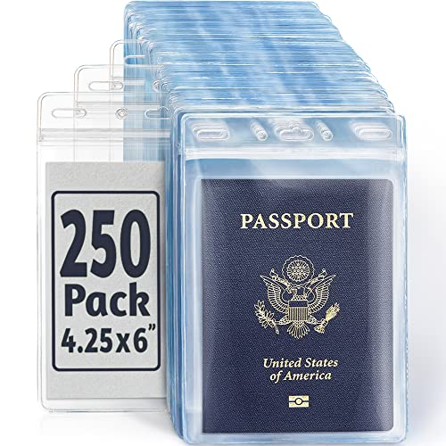 EcoEarth 4x6 Inch Passport & Card Holders with Soft Edge (Clear, 250 PK) - Extra Large (XXL) Vertical ID Holder - Resealable and Waterproof Identification Name Card Holder