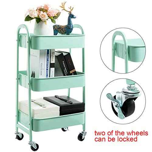 AGTEK Makeup Cart, Movable Rolling Organizer Cart, Macaron Blue 3 Tier Metal Utility Cart