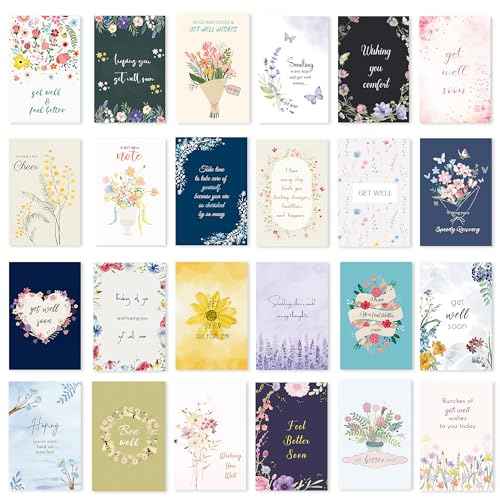 24 Pack Floral Get Well Cards with Self-adhesive Envelopes, 4"x6" Boxed Prefilled Greeting Note Cards to Friends, Relatives or Loved One, 24 Unique Designs