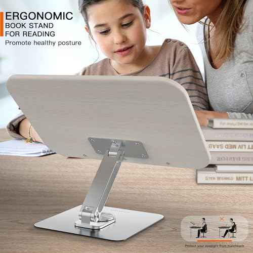 Book Stand for Reading, 360¡Æ Rotate & Multi Heights Adjustable Book Holder,Foldable Cookbook Book Stands with Elastic Page Clips for Sheet Music, Recipe, Laptop, Textbook (Light Wood)