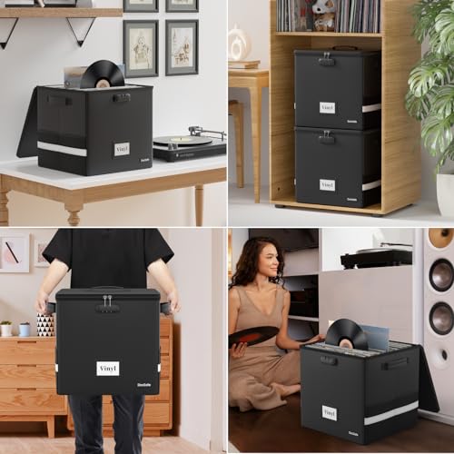 DocSafe Black Vinyl Record Storage Box 13x13x13 Inch Lockable Fireproof Water-Resistant Organizer for 100+ Records