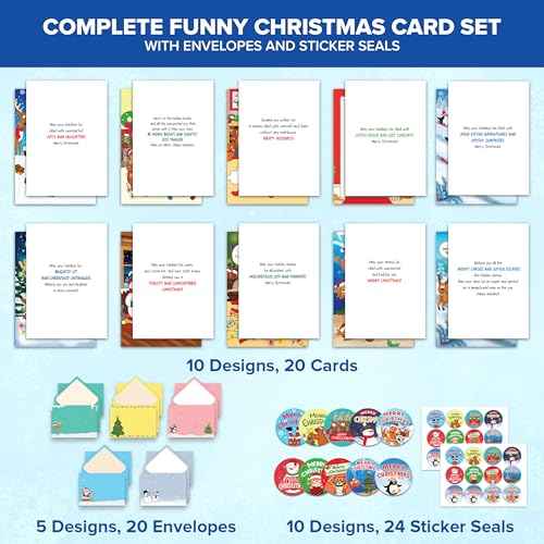 Decorably 20 Pack 5x7in Funny Christmas Cards with Envelopes and Stickers, 10 Charming Designs Christmas Cards Funny with Printed Message Inside