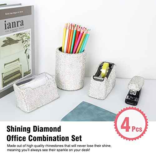 Bling Crystal Luxury Handmade Diamond Round Pencil Pen Pot Holder & Stapler & Card Holder & Desktop Tape Dispenser Office Stationery Kit for Fashion Girls Women(White)