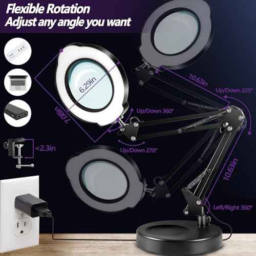 12X Magnifying Glass with Light and Stand, 5 Color Modes 10 Stepless Dimmable, Real Glass 84 LED Lighted Magnifying Glass with Swing Arm, Magnifying Lamp for Crafts Reading Painting Sewing Close Work