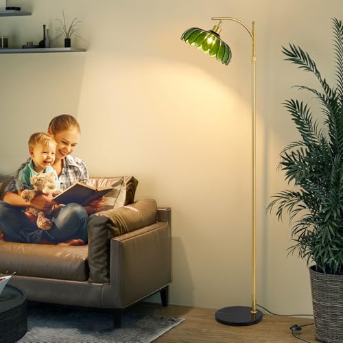 Arc Floor Lamp for Living Room, Modern Standing Lamp with Remote, Dimmable, 3CCT, Arc Tall Floor Lamp with Green Glass Lampshade for Bedroom Study Room Office (Bulb Included)