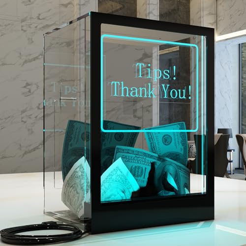 HEMYLU Suggestion Box with Remote Control - Lockable Tip Jar LED Light & Sign Holders