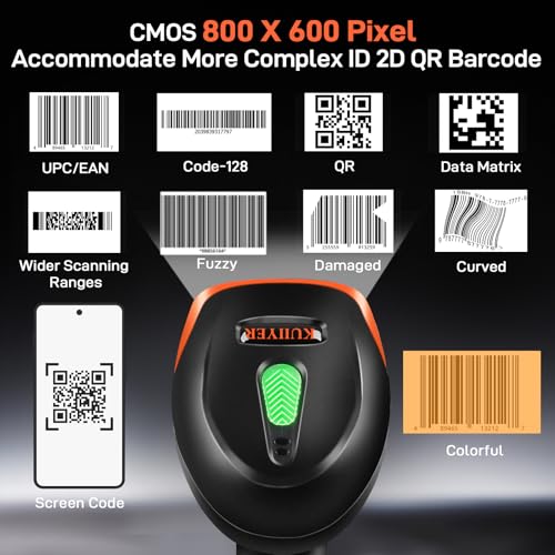 KUIIYER Bluetooth Barcode Scanner, Wireless 2D QR 1D Bar Code Scanners Handheld Barcode Reader with Updated 800 X 600 Pixel CMOS, Plug & Play for iPhone, Android, iPad, Tablet, PC Computers & POS