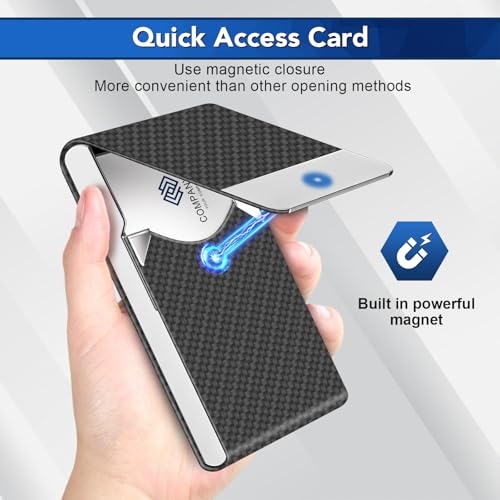 DMFLY Black Carbon RFID Blocking Slim Metal Business Card Holder - PU Leather, Magnetic Closure