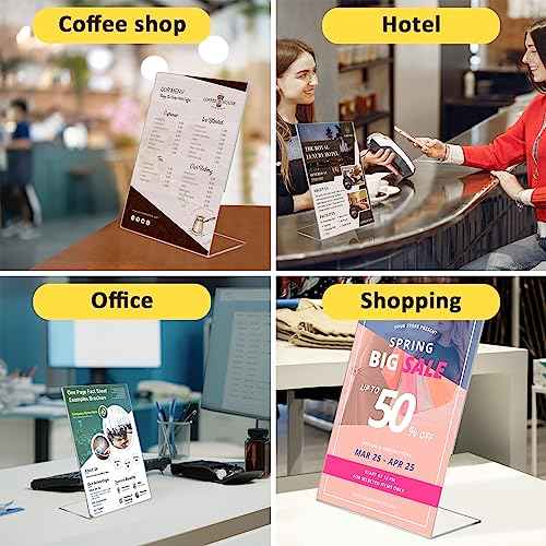4 Pack Acrylic Sign Holder 8.5x11, Clear Plastic Slanted Back Sign Holders, Desktop Papers Menus Frame Flyer Document Holder Display Stand for Coffee Shops, Hotels, Offices, Public Spaces