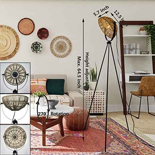 Tripod Floor Lamps Boho for Living Room Stunning Lighting Floor lamp Unusual Look Hand-Woven Hemp Rope Bowl Lampshade Adjustable Height Tripod for Table Lamp Standing lamp for bedrooms, Offices