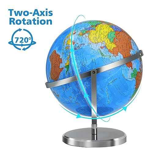 World Globe with Stainless Steel Stand 13 inch, 720 Rotating & HD Waterproof Material, Teaching/Geographic/Decorative Globes with Clear Text for Elementary, Classroom, Home, School, Office