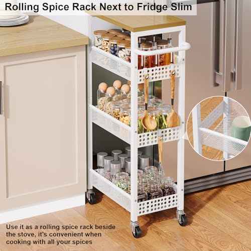 Slim Storage Cart 4 Tier Fruit and Vegetable Baskets for Kitchen Small Space, Narrow Rolling Cart on Wheels with Wooden Top and Metal Handle for Pantry, Bathroom, Laundry Room
