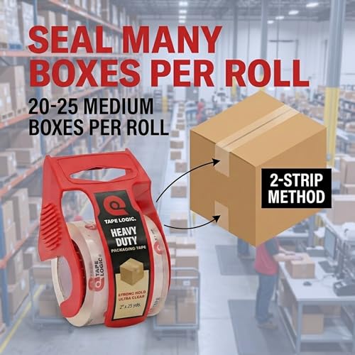 Tape Logic Heavy Duty Packing Tape with Dispenser - 2 Rolls, 2.6 Mil Clear Shipping Tape, 2 in x 25 yd, Industrial Strength