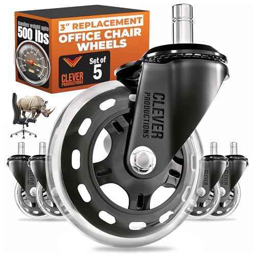 Replacement Office Chair Wheels (3" Set of 5) - Smooth & Quiet Rolling Heavy Duty 98% Universal Fit Caster Wheels for Office Chair - Desk Chair Wheels Clear for Hardwood Tile Vinyl Floors & Carpet