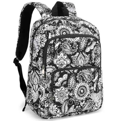 Searock Quilted Backpack for Women, Floral Backpack for School Girls, Cotton Lightweight Bookbag for Travel, Work Black