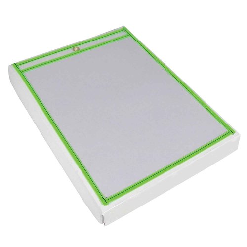 BOX USA Neon Stitched Job Ticket Holders, Top Loading, 9 x 12", Clear with Neon Green Edging, Reusable Vinyl, Dry Erase, Use to Protect/Store Documents in The Office and Warehouse, Case of 15