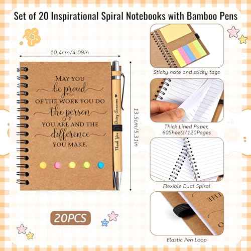 20 Sets Employee Appreciation Gifts Bulk Inspirational Spiral Notebook Journal with Sticky Notes Bamboo Pens Christmas Gifts for Employees Coworker Team Nurse Teacher Office Staff Xmas Thank You Gifts
